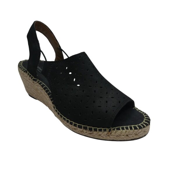 Carks Patrina Gail Black Leather Open Toe Espadrille Wedge Sandals Womens 7.5 - Picture 1 of 13